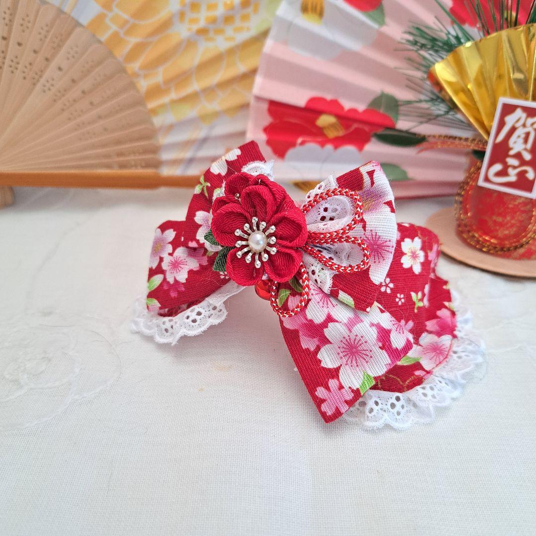 お正月仕様和風つまみ細工(赤⑤)わんちゃん猫ちゃん用襟つき首輪