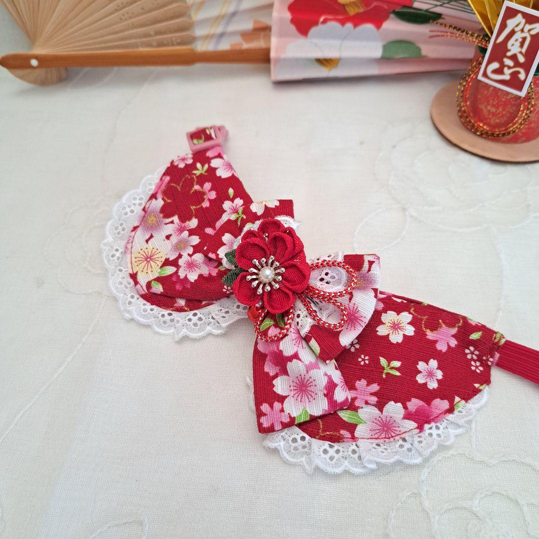 お正月仕様和風つまみ細工(赤⑤)わんちゃん猫ちゃん用襟つき首輪