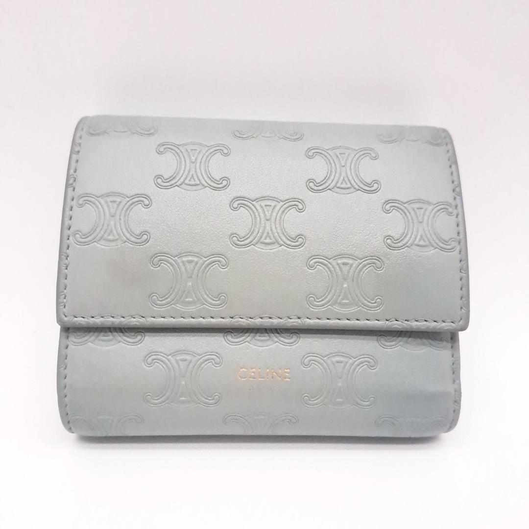 CELINE セリーヌトリオンフ エンボス 三つ折り財布 グレー レザー