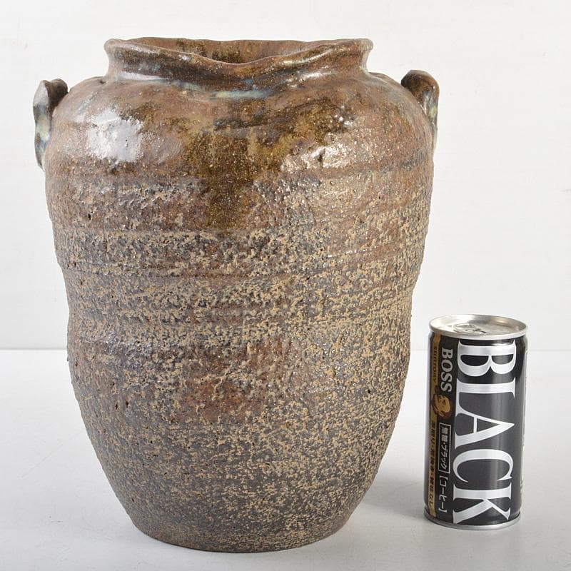 膳所焼　淡海ぜぜ　双耳壷　花瓶　在銘　時代箱　V　R6760B