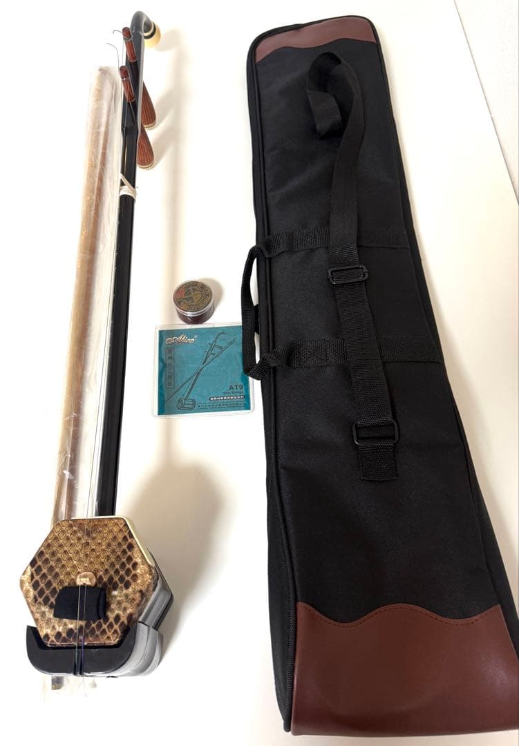 二胡 ヘビ皮 八角形ボディ ，弓、松脂、予備弦、ケース付き