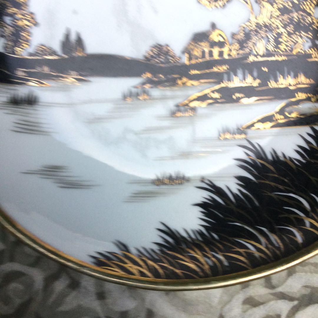 オールドノリタケ　風景画デザインの取手付き陶磁器皿