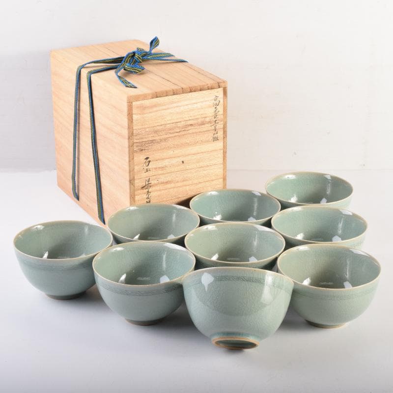 茶道具　石山窯　梁金錫作　高麗青磁　茶碗　九客　共箱　M　R8811B