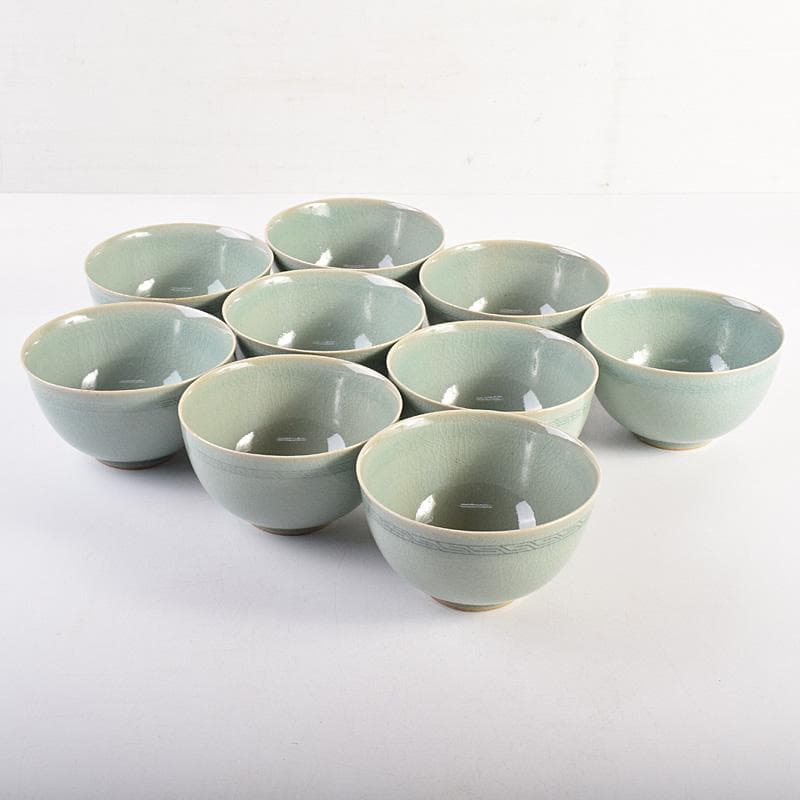 茶道具　石山窯　梁金錫作　高麗青磁　茶碗　九客　共箱　M　R8811B