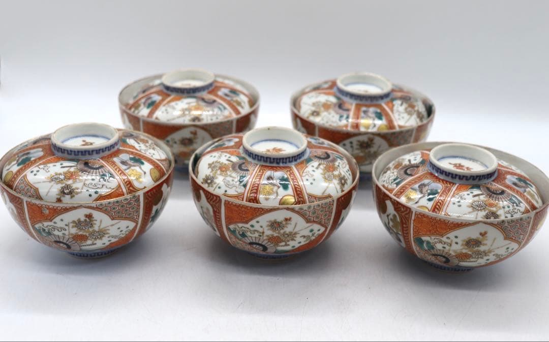 江戸　伊万里錦絵　蓋茶碗5点① アンティーク　送料込み251112