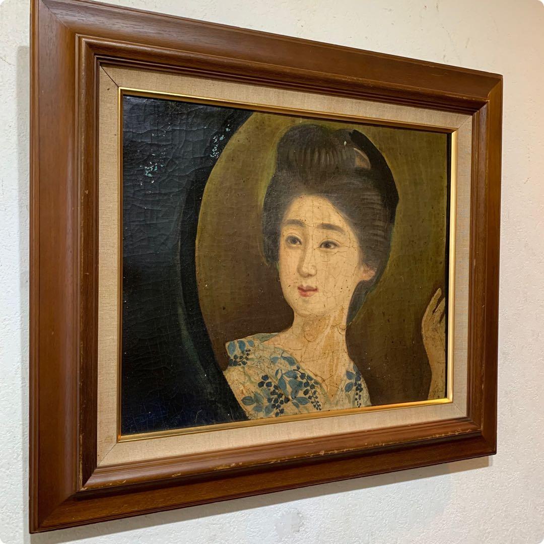 超希少　第一回文化勲章　鑑定書有り　岡田三郎助　油彩肉筆画　F8当時物　円窓少女