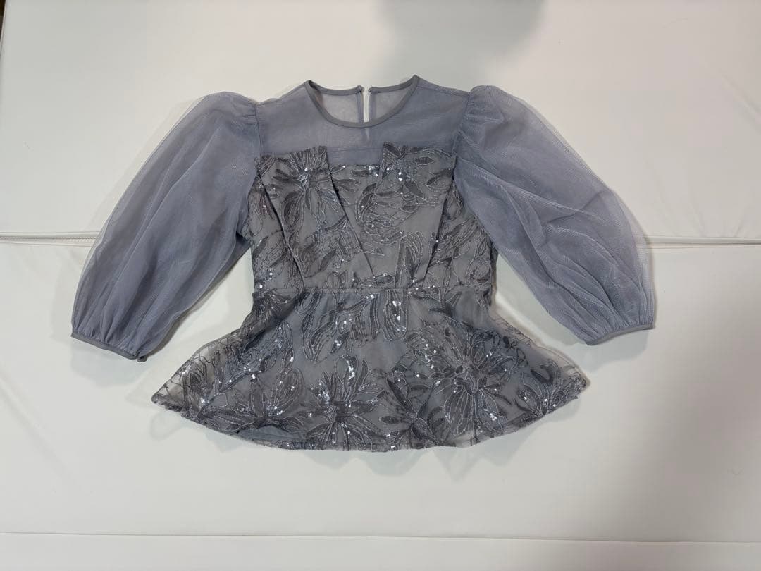 【LEJA】シアーパフスリーブペプラムスパンコール花柄Iラインドレス