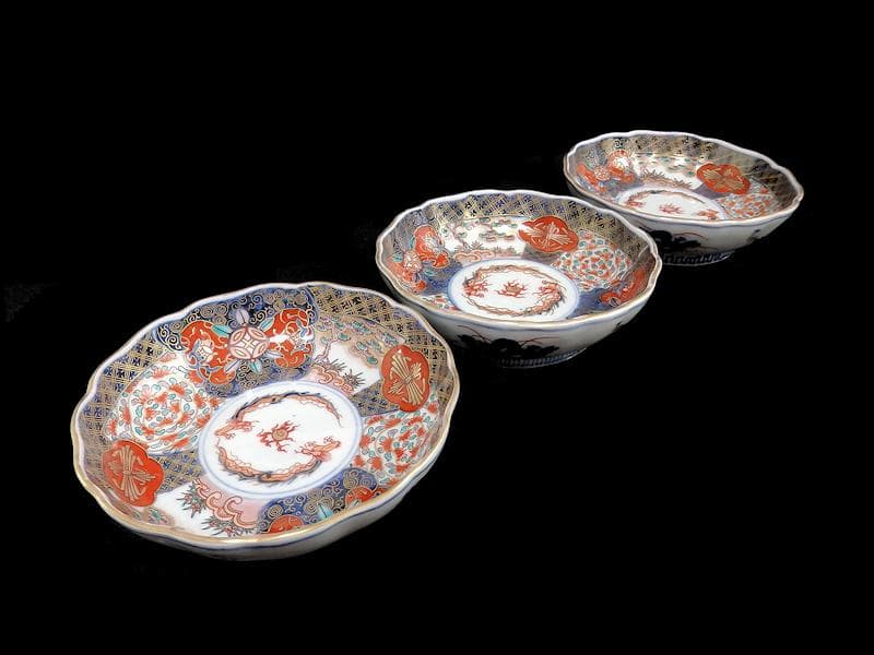 古伊万里　金襴手　宝珠に団龍紋　熨斗に花の図　膾皿　３客　D972AS-CBn