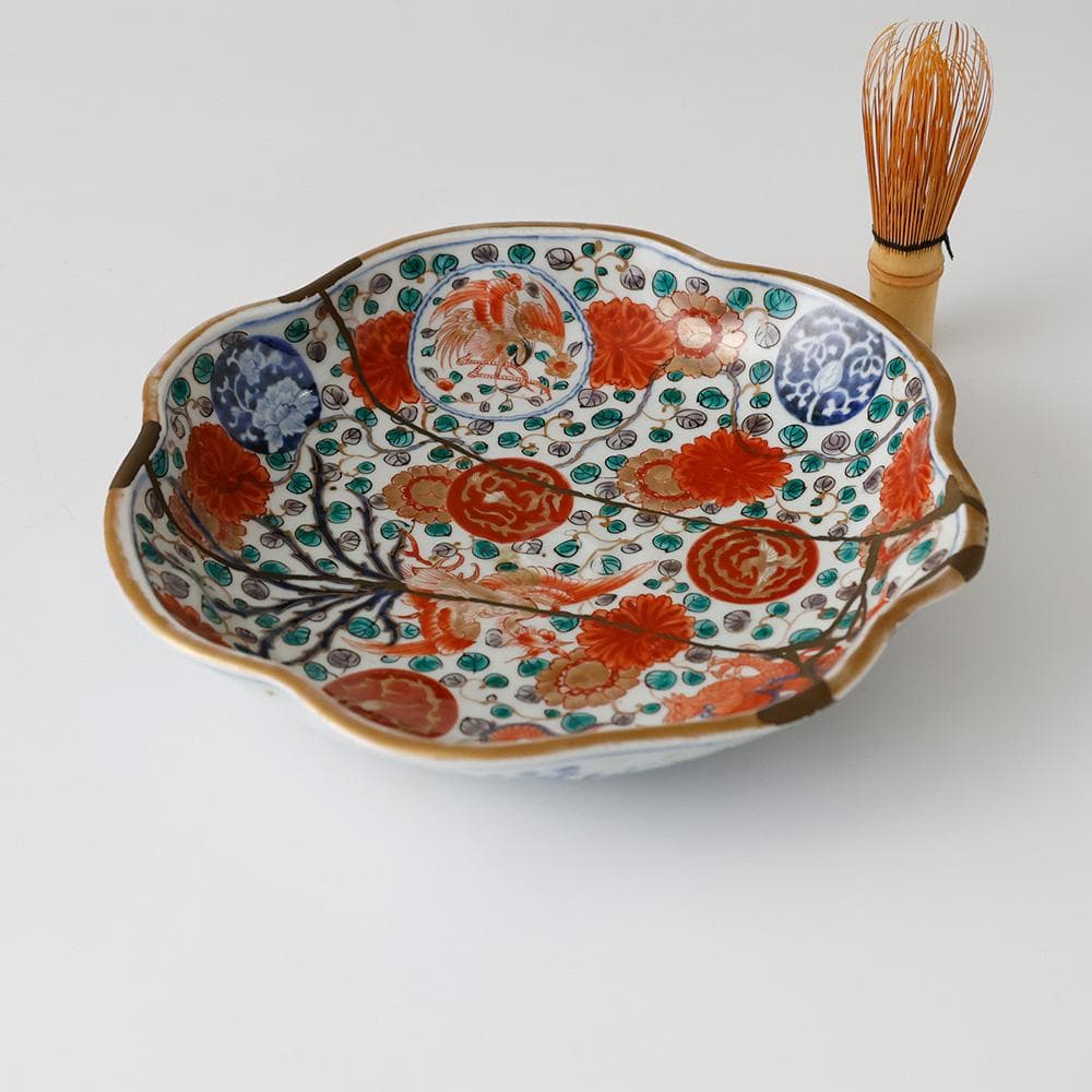 江戸中後期九代～十代柿右衛門 短冊酒柿銘 大和明暦年製 染錦手龍鳳凰紋菓子皿金継