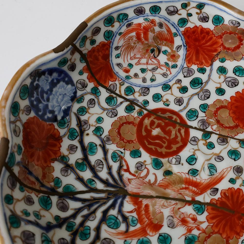 江戸中後期九代～十代柿右衛門 短冊酒柿銘 大和明暦年製 染錦手龍鳳凰紋菓子皿金継