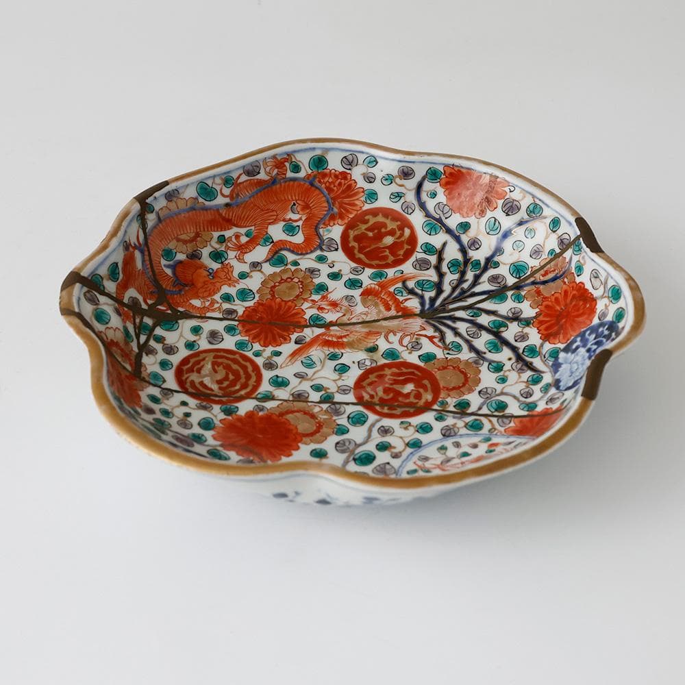 江戸中後期九代～十代柿右衛門 短冊酒柿銘 大和明暦年製 染錦手龍鳳凰紋菓子皿金継