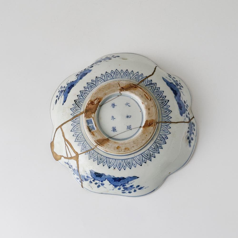 江戸中後期九代～十代柿右衛門 短冊酒柿銘 大和明暦年製 染錦手龍鳳凰紋菓子皿金継