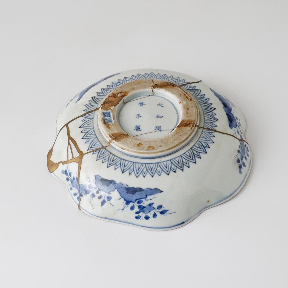 江戸中後期九代～十代柿右衛門 短冊酒柿銘 大和明暦年製 染錦手龍鳳凰紋菓子皿金継