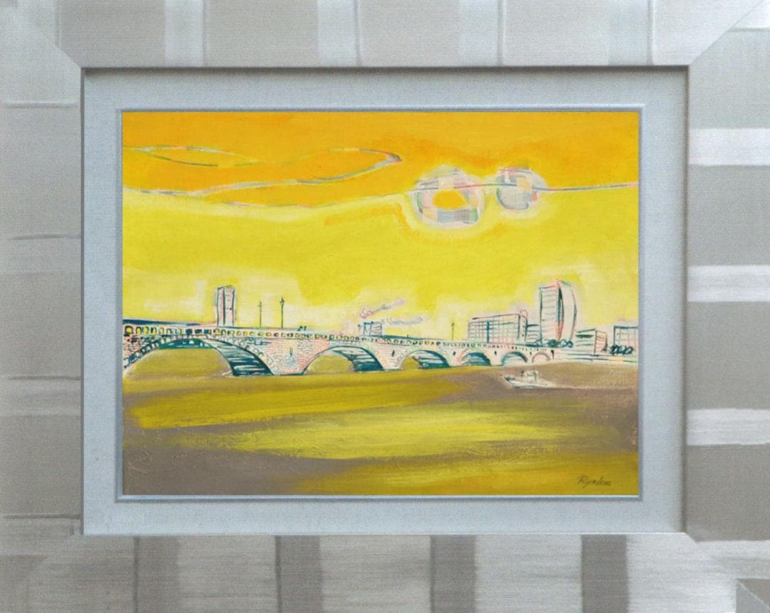 油絵 菅家令子 絵 絵画インテリア額付(銀) F4-090214 風景夕朝陽橋