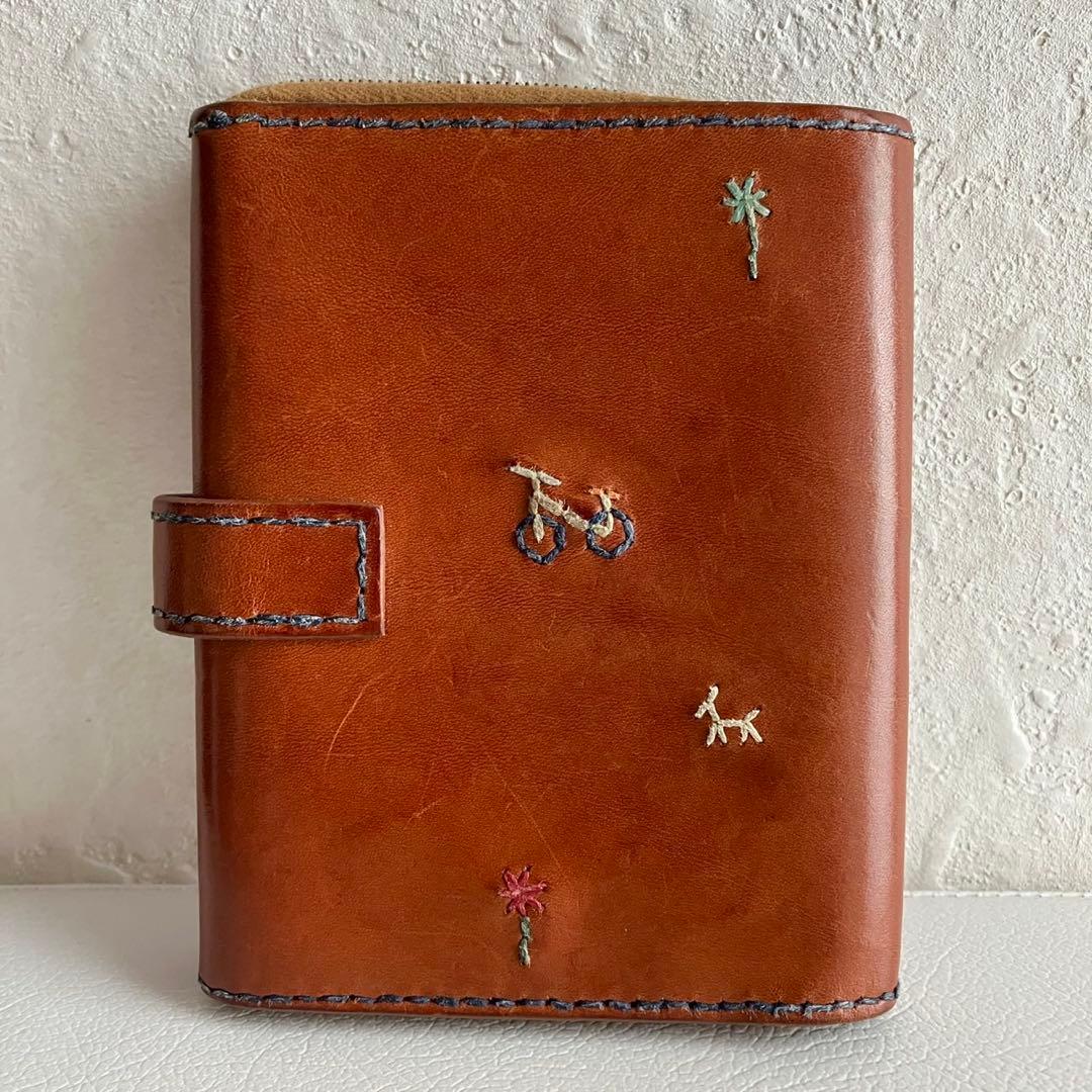 廃盤 希少 HENRY CUIR 折り財布 手帳型 刺繍 レザー ブラウン