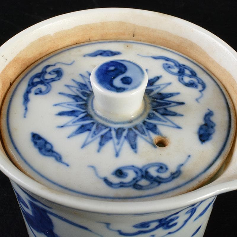 煎茶道具　京焼　平安春峰作　染付雲鶴文　煎茶器　宝瓶　煎茶碗四客　M　R6805