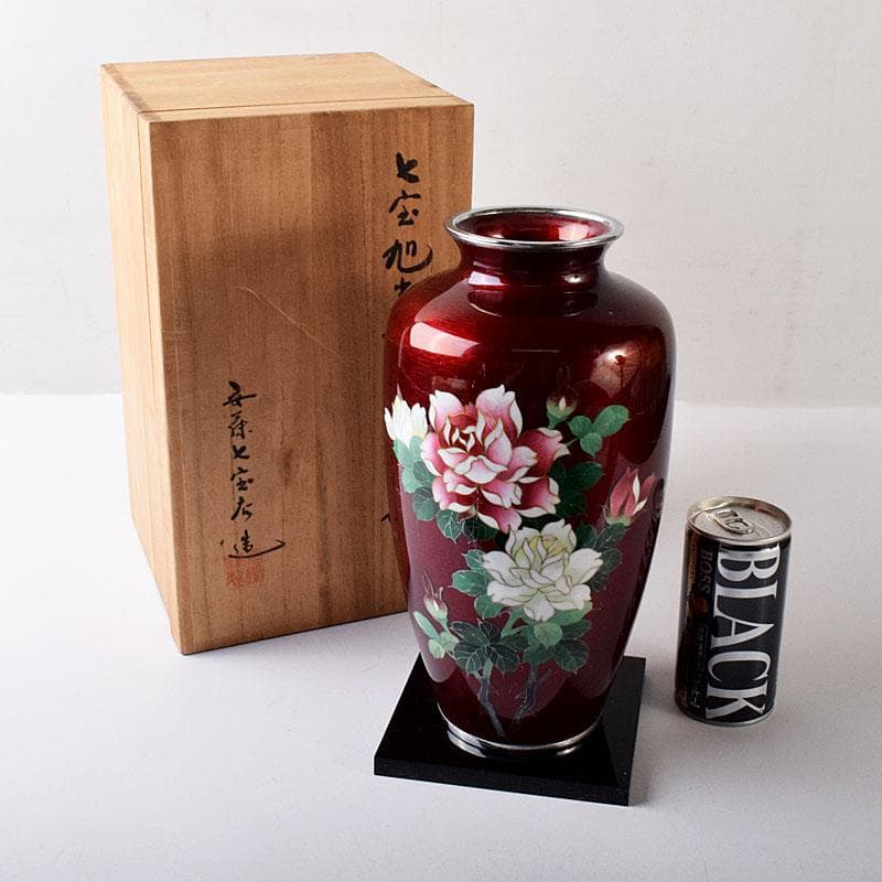 七宝焼　安藤七宝店造　赤透　薔薇文　花瓶　共箱　7891C
