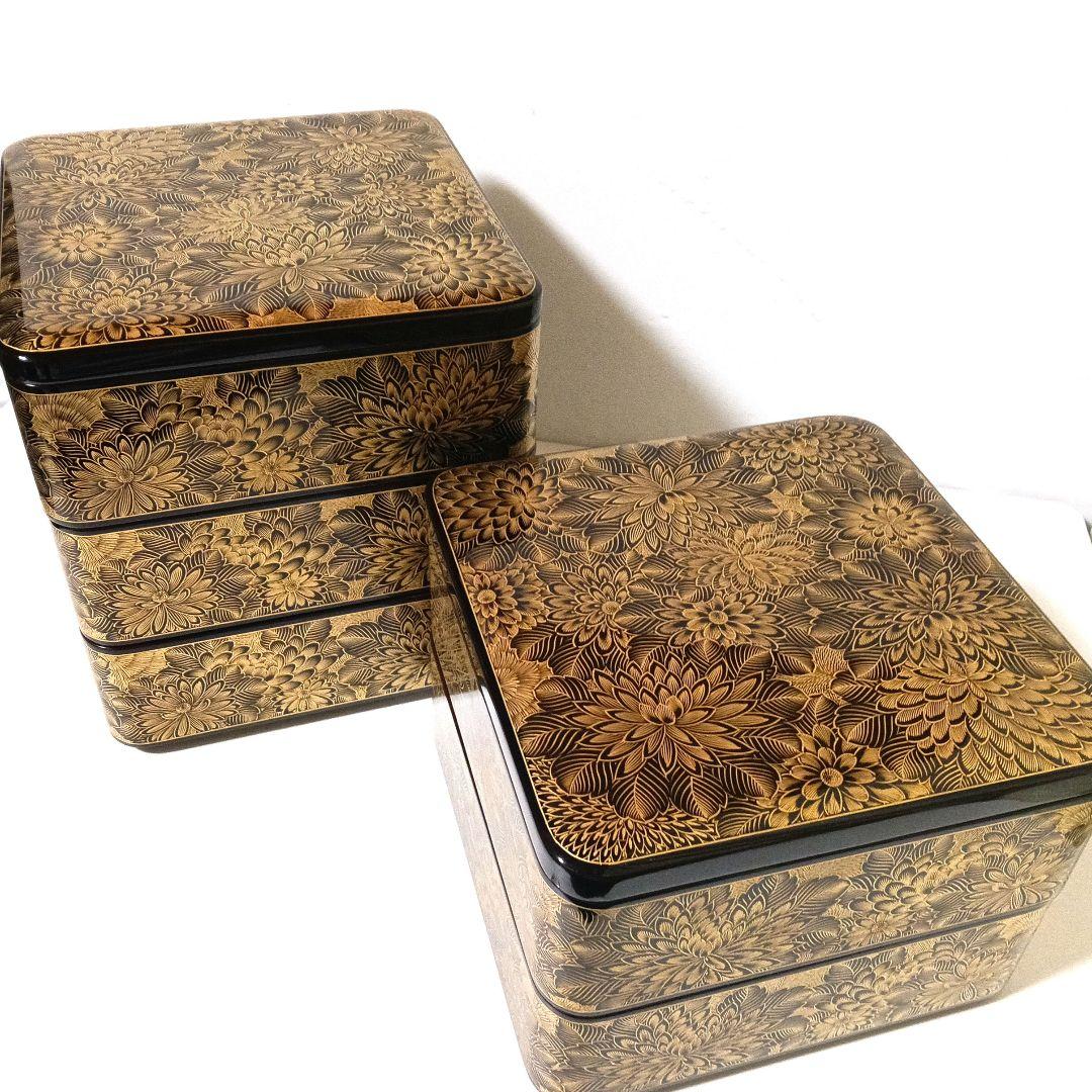 能登輪島塗 前田漆器謹製 極上 総菊詰沈金 五段重箱 蓋二枚 漆塗り天然木 大型