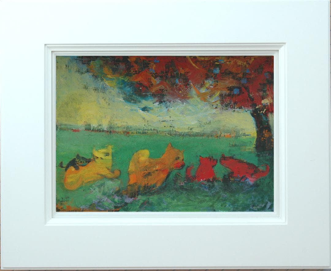 油絵 菅家令子 絵 絵画 インテリア 額付(黒) uF6-071219 猫と犬