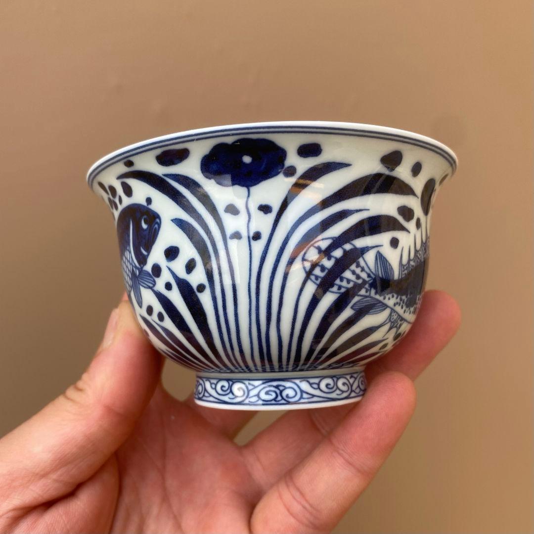 景徳鎮 元青花磁器魚藻紋懸停二才蓋碗 茶碗 煎茶器