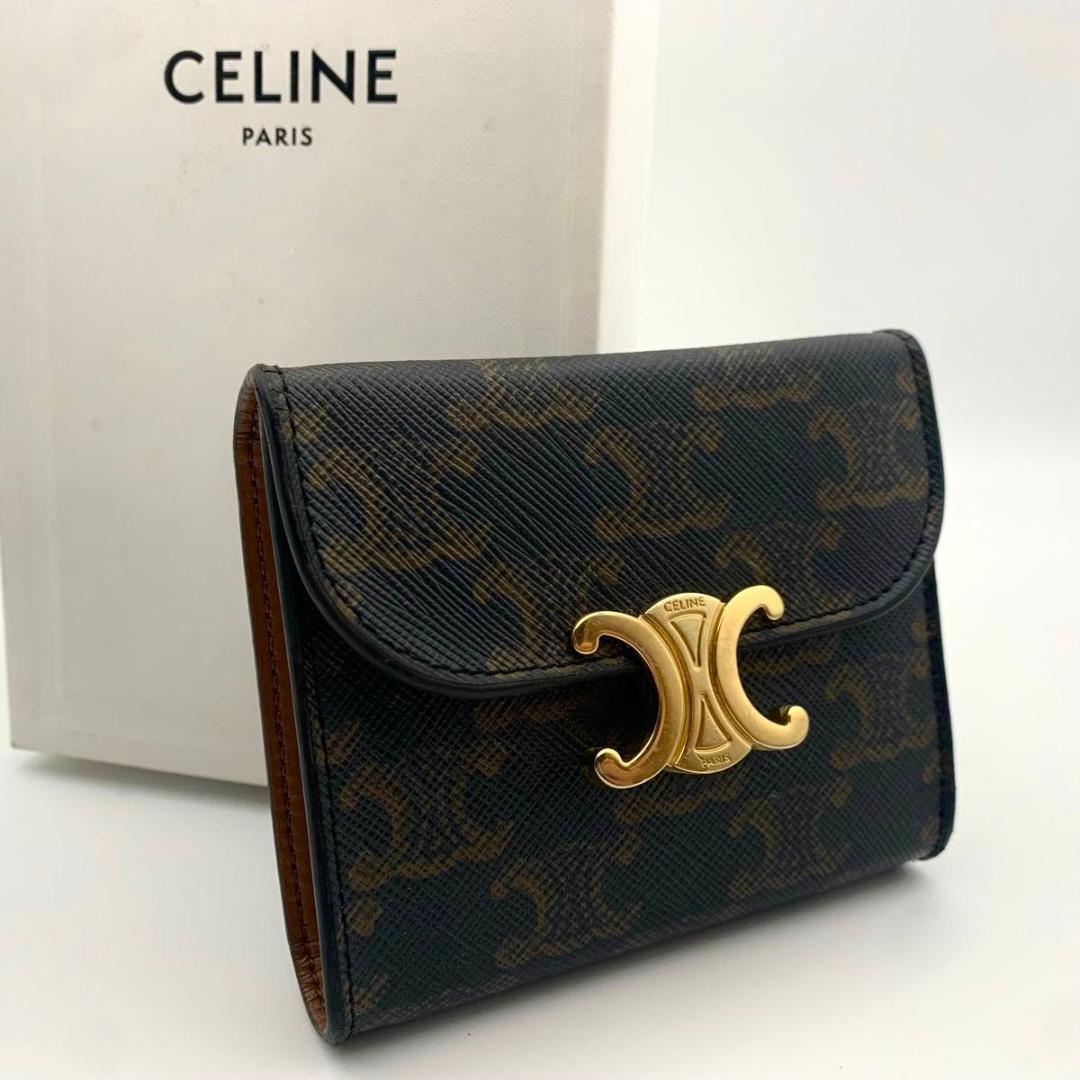 箱付き セリーヌ コンパクトウォレット 財布 トリオンフ フラップ 金具 総柄