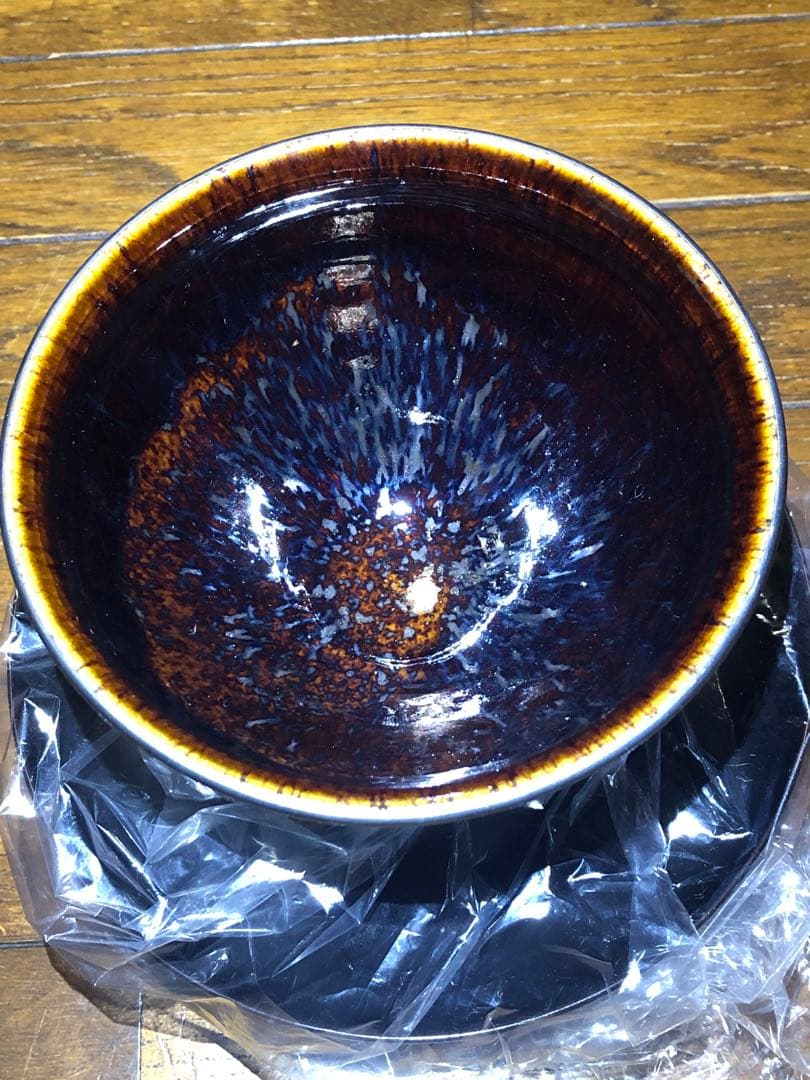 油滴天目茶碗 玳瑁 銀巻き縁 流れる星空