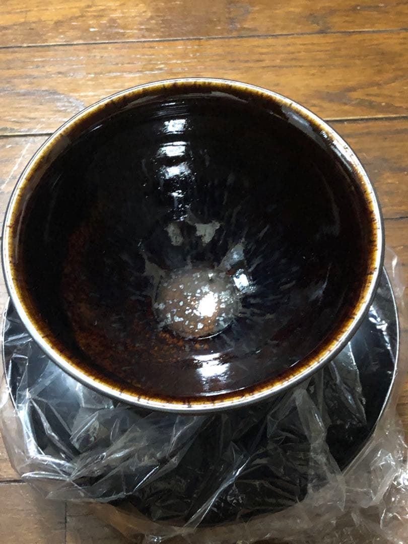 油滴天目茶碗 玳瑁 銀巻き縁 流れる星空