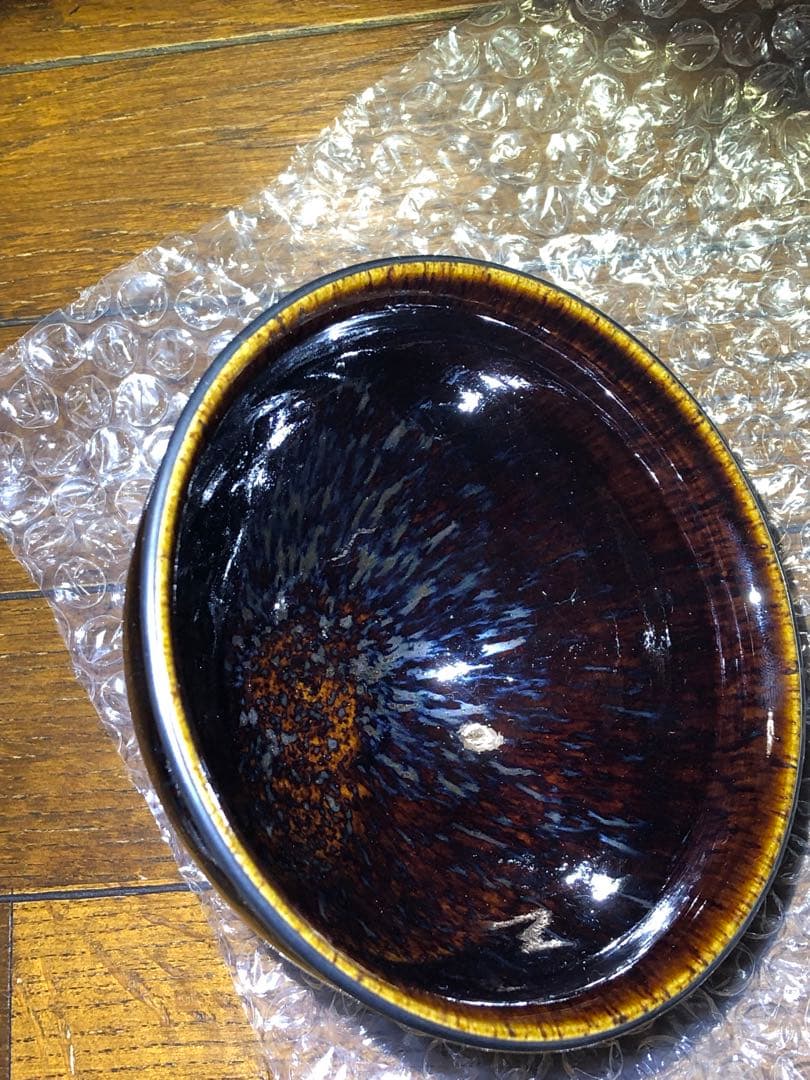 油滴天目茶碗 玳瑁 銀巻き縁 流れる星空