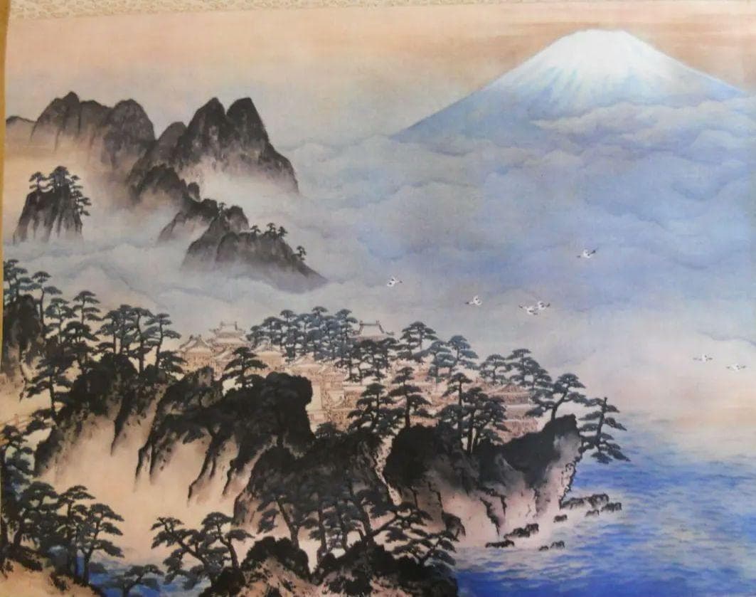 掛け軸 横山大観 蓬莱山 絹本 逸品 複製 希少 軸装 茶道具 掛軸 美品 です