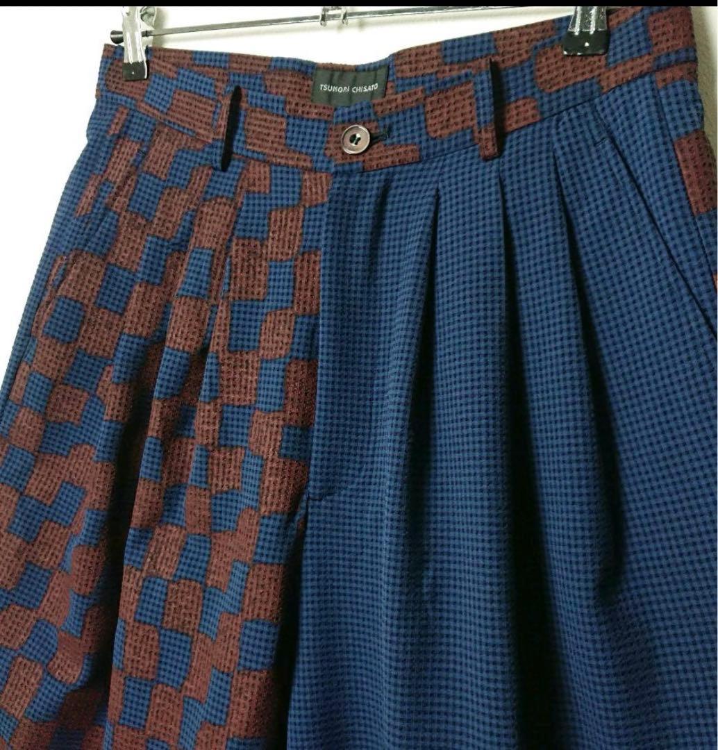 ツモリチサト アシンメトリー スリータック テーパード シアサッカー パンツ