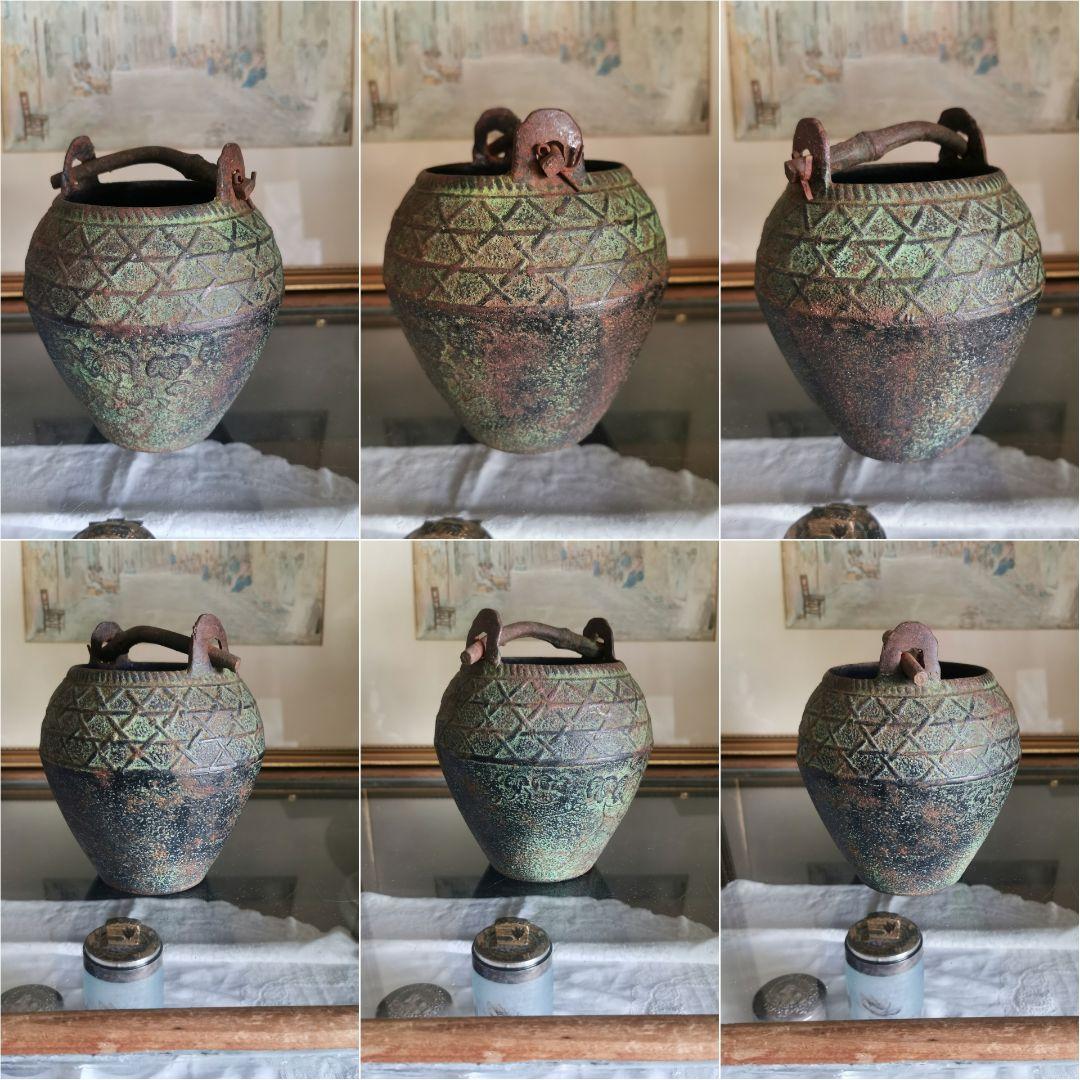 和骨董 青銅花瓶 美しい緑青 朝顔/蔦葉紋 竹象手付き花器 花入れ アンティーク