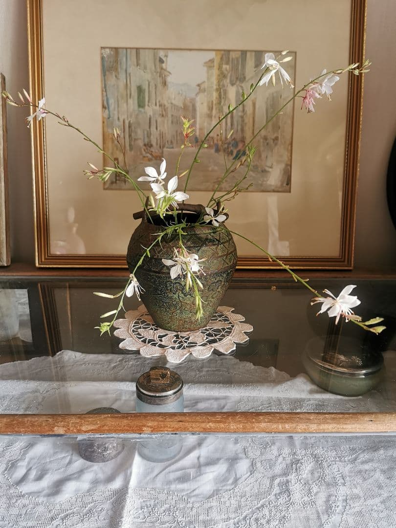 和骨董 青銅花瓶 美しい緑青 朝顔/蔦葉紋 竹象手付き花器 花入れ アンティーク