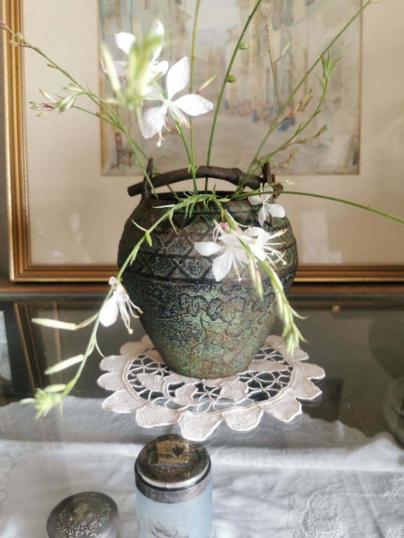 和骨董 青銅花瓶 美しい緑青 朝顔/蔦葉紋 竹象手付き花器 花入れ アンティーク