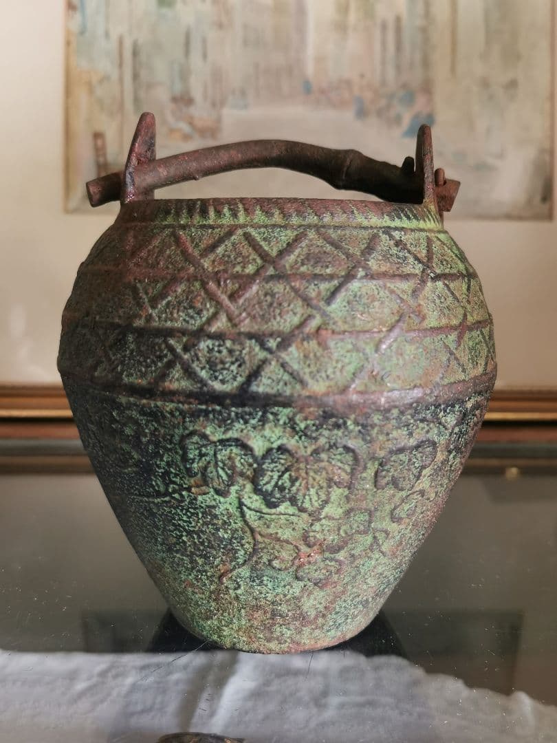 和骨董 青銅花瓶 美しい緑青 朝顔/蔦葉紋 竹象手付き花器 花入れ アンティーク