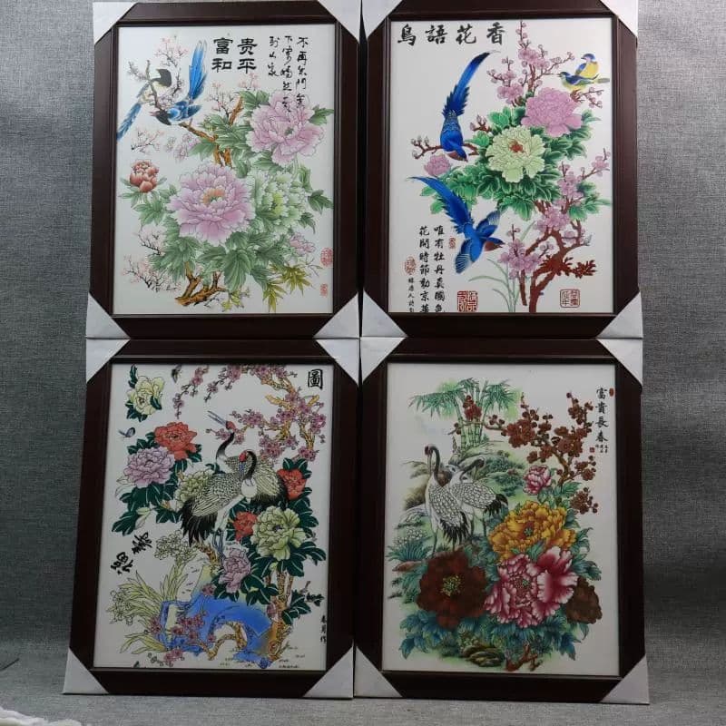 景徳鎮 花鳥図陶板画 書斎 装飾品 工芸品 美術品 置物
