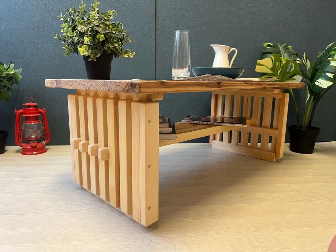 【オーダー】 ローテーブル 和風 木組縦格子 収納付き