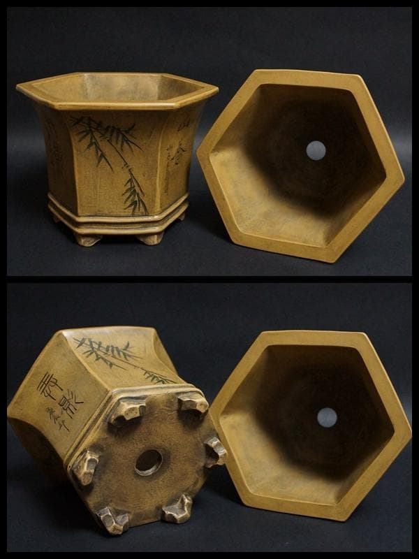 民国 紫砂名人 小石刻(任小松)造 朱泥紫砂 盆栽鉢二点セット