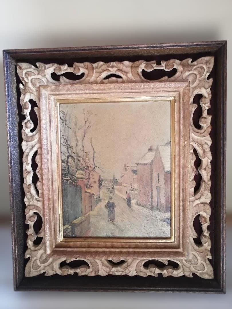 複製画「カミーユ・ピサロ　冬景色」　ヴィンテージ重厚な額付き