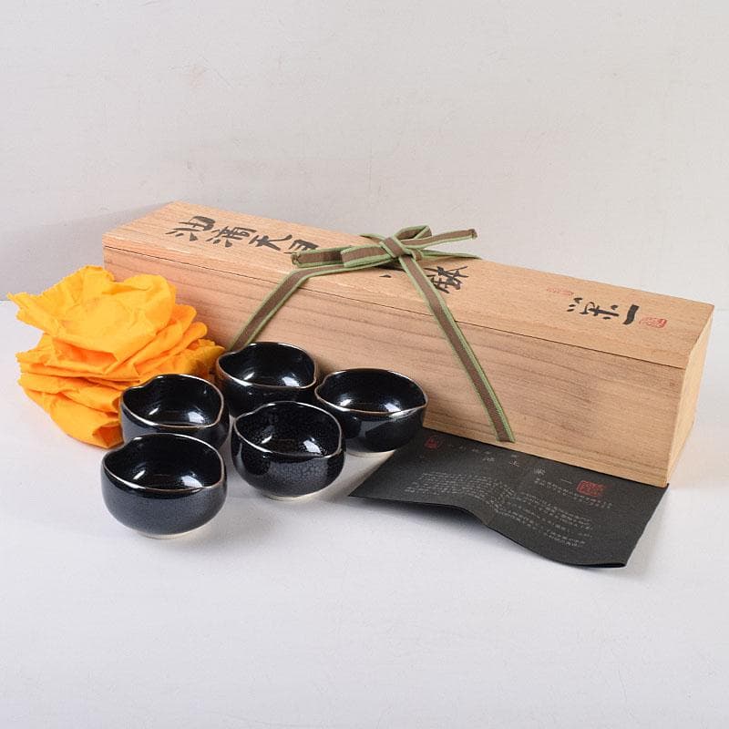 和食器　茶懐石　小杉焼　栄一窯　油滴天目釉　小鉢　五客　共布共箱　V　R9163