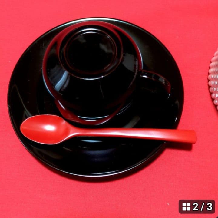 赤と黒の漆器カップとスプーンセット　輪島塗本舗　福忠　能登輪島 ［新品·未使用]