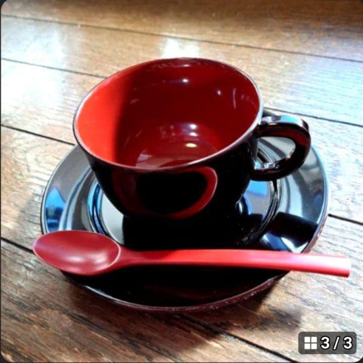 赤と黒の漆器カップとスプーンセット　輪島塗本舗　福忠　能登輪島 ［新品·未使用]