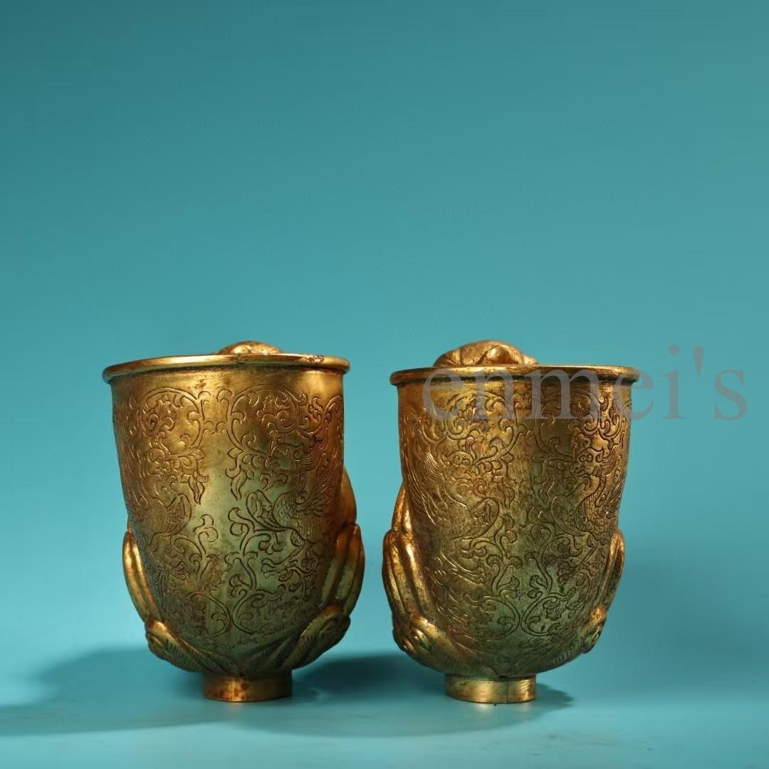 中国古美術・旧蔵純銅製・鎏金鳳凰酒杯一対・ワイングラス・高浮彫・錾刻・酒具・置物