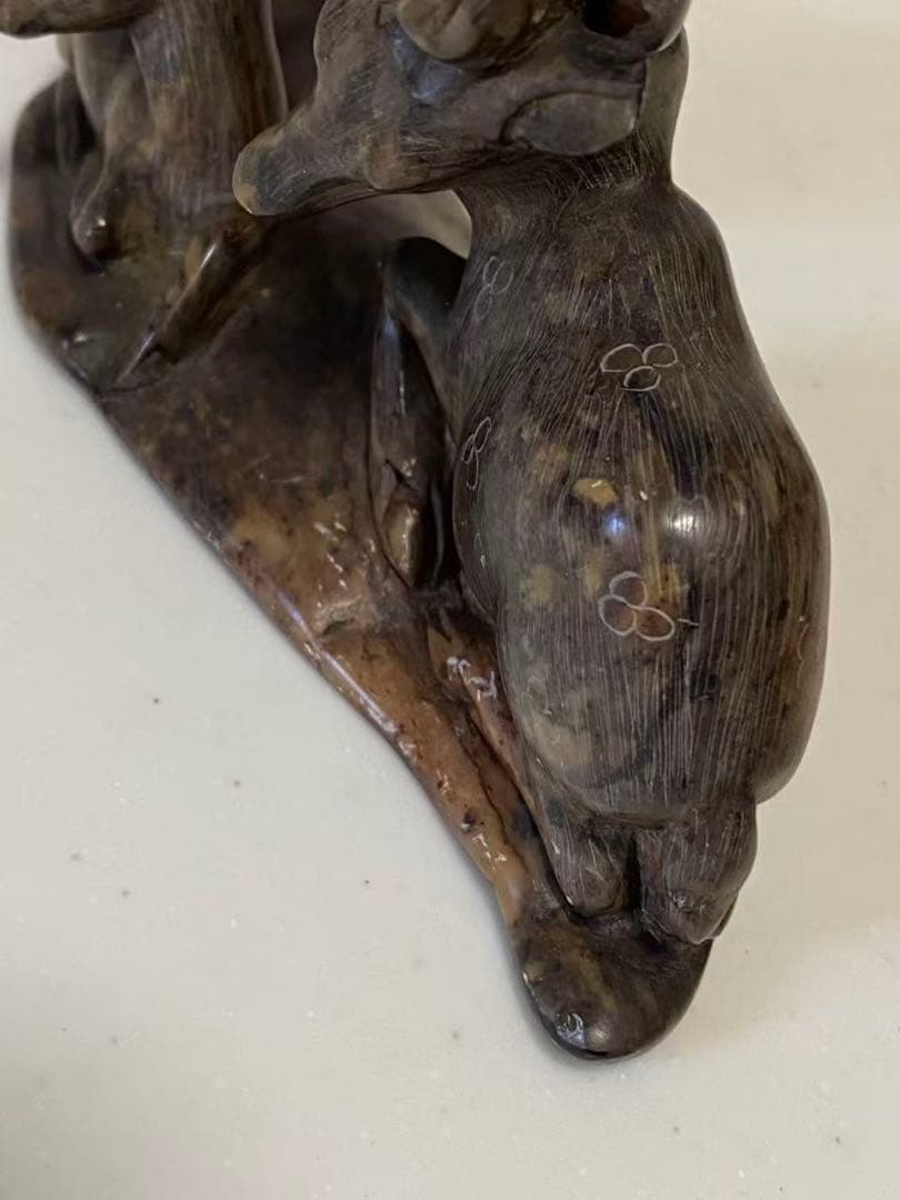 中国美術 希少黄斑石 親子鹿彫刻 置物 年代不明