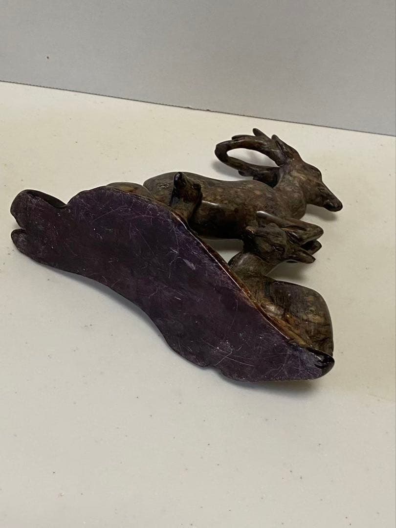 中国美術 希少黄斑石 親子鹿彫刻 置物 年代不明