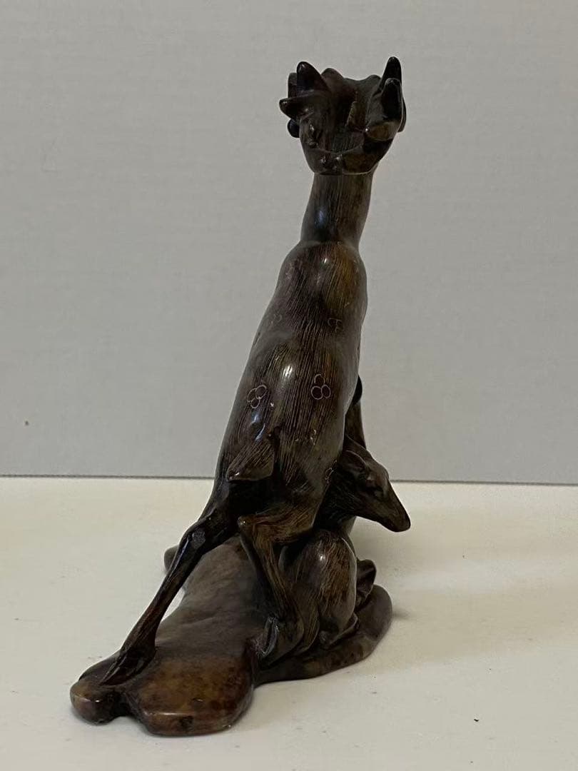 中国美術 希少黄斑石 親子鹿彫刻 置物 年代不明