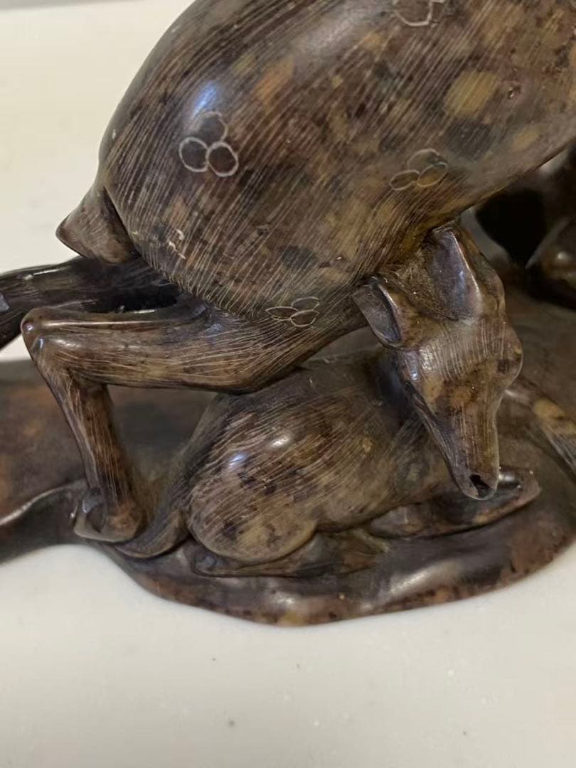 中国美術 希少黄斑石 親子鹿彫刻 置物 年代不明