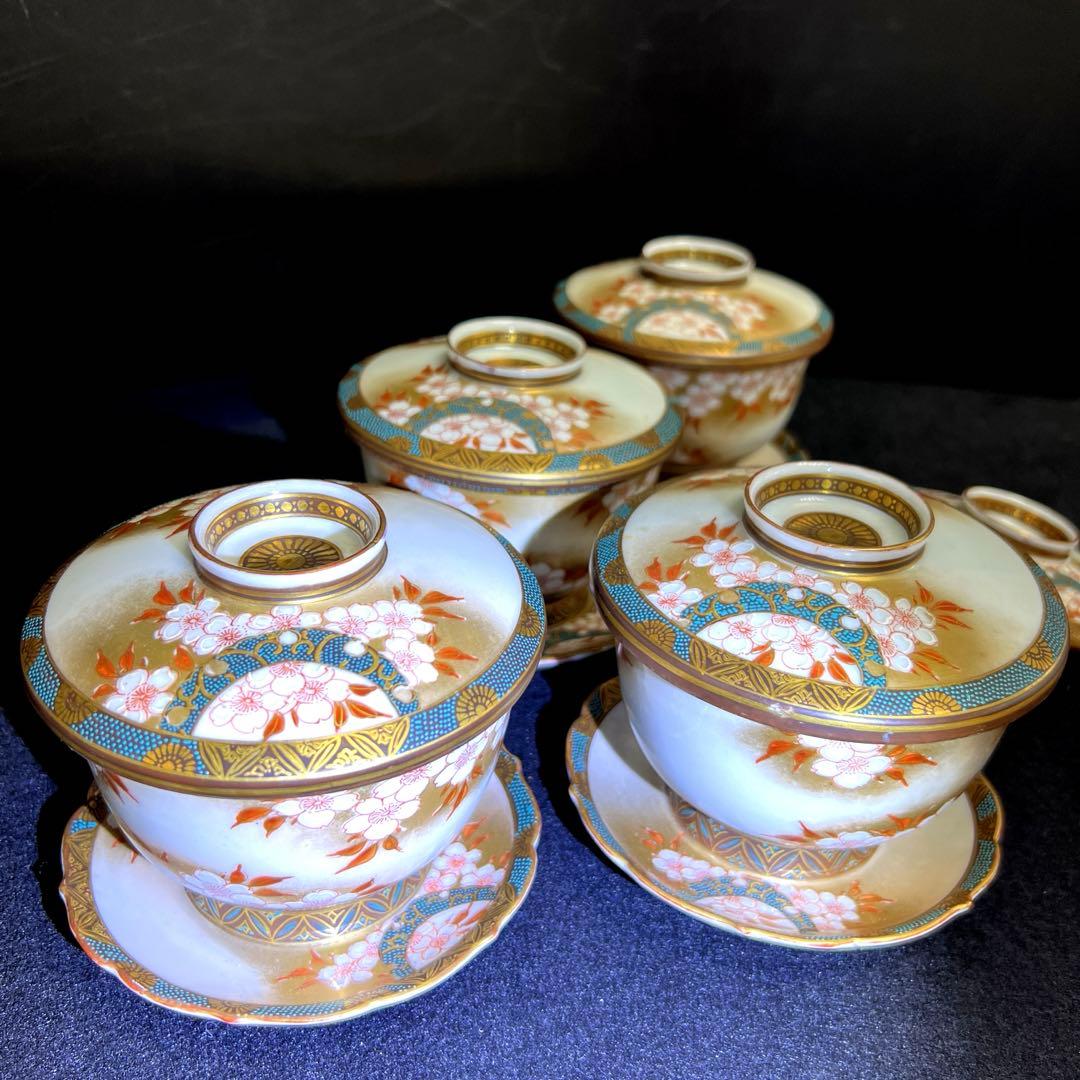 九谷　吉田製　極上手　茶托付蓋茶碗4客　東Y7-1203☆2F