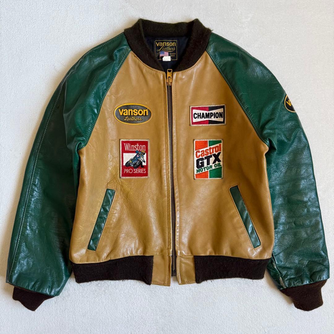 VANSONレザージャケット グリーン ワッペン 42