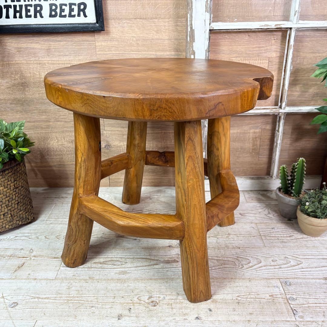 オールドチーク天然無垢材木製創作極太サイドテーブル L（直径55㎝）ウッド飾り台