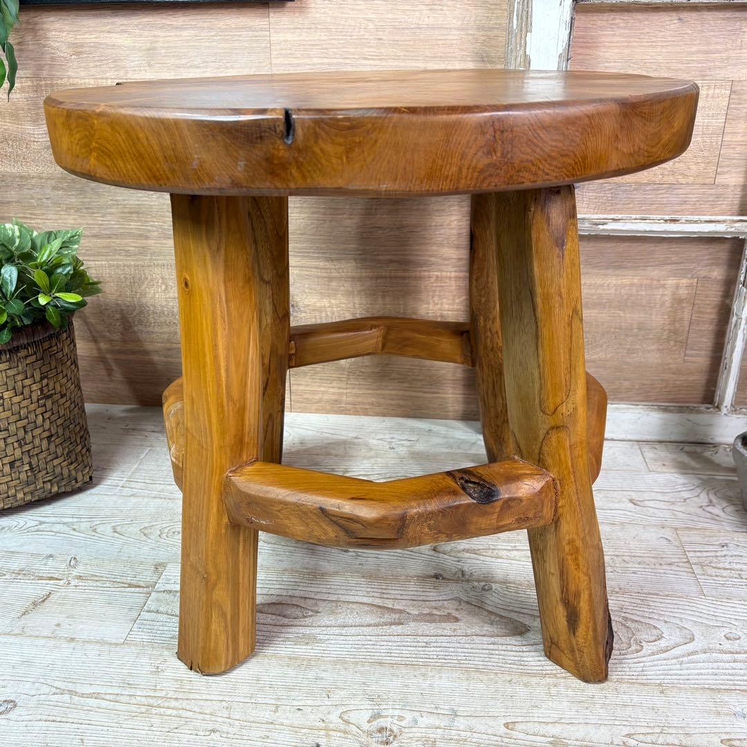 オールドチーク天然無垢材木製創作極太サイドテーブル L（直径55㎝）ウッド飾り台